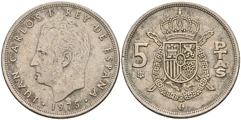Испания 5 песет 1975 (77) Хуан Карлос I (1975 - 2014) KM 807 медно-никель 4155-624