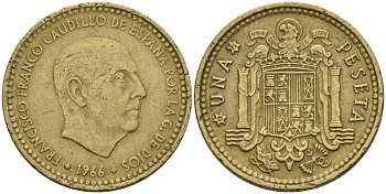 Испания 1 песета 1966 (72) Франсиско Франко (1939 - 1975) KM 796 алюминиевая бронза 4155-413