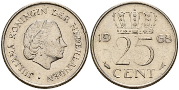 Нидерланды 25 центов 1968 Юлиана (1949-1980) KM 183 никель    4598-427
