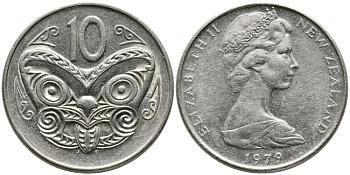 Новая Зеландия 10 центов 1979 Елизавета II (1952-2022), маска маори KM 41.1 медно-никель 3336-813