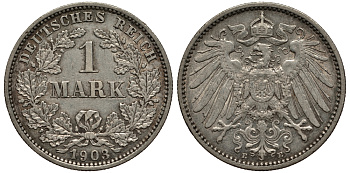 Германия 1 марка 1903 E Weege 18, J. 17, KM 14 серебро XF-UNC 413-1232