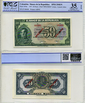 Колумбия 50 песо 1947 образец, Specimen, в слабе PCGS 35 Choice VF Pick 393s бумага 00-00