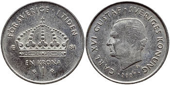 Швеция 1 крона 2007 Карл XVI Густав (1973- ) KM 894 медно-никель 176-121