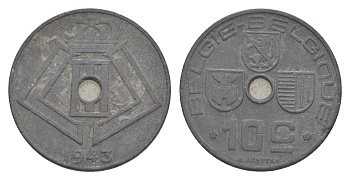 Бельгия 10 сантимов 1943 Belgie - Belgique, Леопольд III (1934-1947), германская оккупация, Вторая мировая война KM 126 цинк 4639-117
