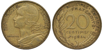 Франция 20 сантимов 1964 KM 930, Le Franс 156.4 медь алюминий никель 4122-144