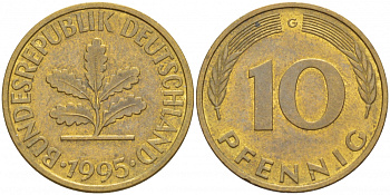 ФРГ 10 ПФЕННИГОВ 1995 G KM 108, J.383 сталь плакированная латунью 3718-912