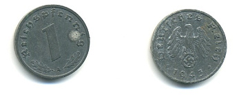 ГЕРМАНИЯ 1 РЕЙХСПФЕННИГ 1943 A KM 97, J. 369 цинк 4379-922