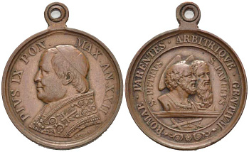 ВАТИКАН МЕДАЛЬ 1868 ПАПА ПИЙ IX (1848-1878), СВЯТЫЕ ОПОСТОЛЫ ПЁТР И ПАВЕЛ, КРУГОВАЯ НАДПИСЬ РИМ ЦЕНТР РАЗРЕШЕНИЯ СПОРОВ, SPERANZA, С КОЛЬЦОМ ДЛЯ НОШЕНИЯ, ДИАМЕТР 24,5 ММ., ВЕС 6,57 ГР. бронза 272-1525