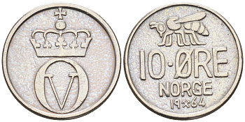 Норвегия 10 эре 1964 пчела, Улаф V (1958-1991) KM 411 медно-никель    4169-323