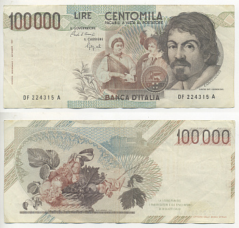 Италия 100000 лир 1983 Караваджо, фруктовый букет, подпись Speziali Pick 110b бумага 7220-12-2