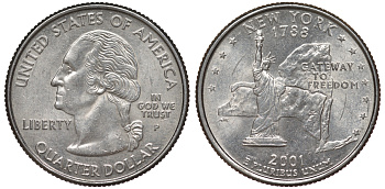 США 25 центов = квотер 2001 Р, серия штаты США, Нью-Йорк KM 318 медь плакированная медно-никелем 4541-432