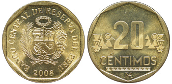 Перу 20 сентимо 2008 KM 306.4 латунь aUNC 4605-534