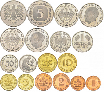 ФРГ набор из 9 монет 1976 D (1, 2, 5, 10, 50 пфеннигов, 1, 2, 2, 5 марок) PROOF N5-12