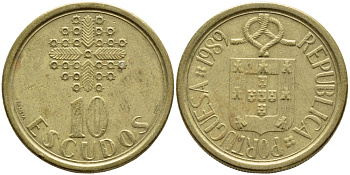 ПОРТУГАЛИЯ 10 ЭСКУДО 1989 KM 633 никель латунь 4395-1011