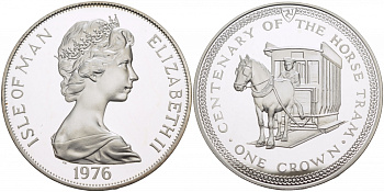 Остров Мэн 1 крона 1976 100 лет конному трамваю KM 38а серебро PROOF 1081-4-32