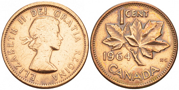 Канада 1 цент 1964 Елизавета II (1952-2022), кленовый лист KM 49 бронза 4547-1069