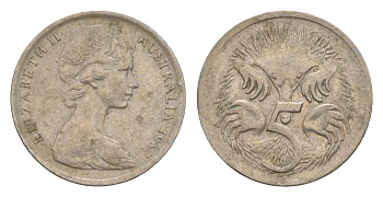 Австралия 5 центов 1967 Елизавета II (1952-2022) молодой портрет, ехидна KM 64 медно-никель 4151-413