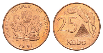Нигерия 25 кобо 1991 год-тип KM 11a сталь плакированная медью UNC 4654-356