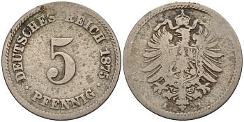 Германия 5 пфеннигов 1875 A, старогербовка KM 3, J. 3 медно-никель 4151-352