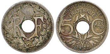 Франция 5 сантимов 1922 тип Линдайё KM 875 медно-никель 51-2326