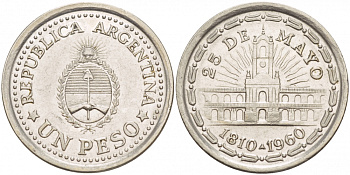 Аргентина 1 песо 1960 150 лет свержения Испанского вице-короля (1810-1960) KM 58 сталь плакированная никелем 4548-346