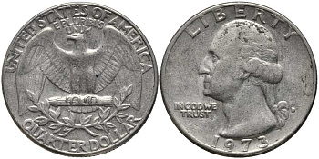 США 25 центов (квотер) 1973 D, Вашингтон KM 164а медь плакированная медно-никелем 113-511