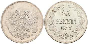 Россия для Финляндии 25 пенни 1917 S, временное правительство, без короны KM 19, Биткин 2 серебро aUNC 4580-1239