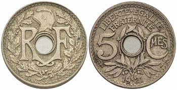 ФРАНЦИЯ 5 САНТИМОВ 1921 ТИП ЛИНДАЙЁ KM 875, LE FRANC 122.3 медно-никель 4379-727