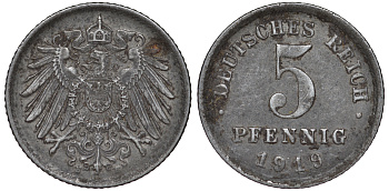 ГЕРМАНИЯ 5 ПФЕННИГОВ 1919 E KM 19, J. 297 железо 45-1139