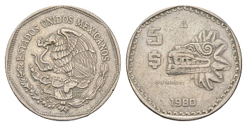 Мексика 5 песо 1980 ацтеская скульптура, пернатый змей Кетцалькоатль KM 485 медно-никель 4663-1027