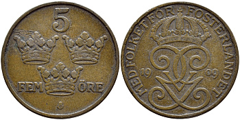 Швеция 5 эре 1909 Густав V (1907-1950), малый крест в монограмме KM 779.1 бронза 4395-1017