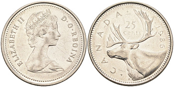 Канада 25 центов 1986 Елизавета II (1952-2022), олень KM 74 никель 4592-952