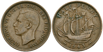 Великобритания 1/2 пенни 1943 Георг VI (1936-1952) KM 844, Spink 4115 бронза 4577-846