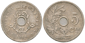 Бельгия 5 сантимов 1906 BELGI?, Леопольд II (1865-1909) KM 47 медно-никель 4617-623