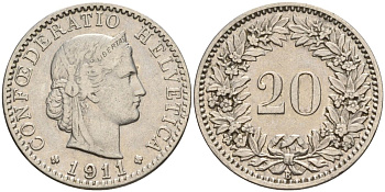 Швейцария 20 раппенов 1911 B KM 29 никель 4606-744