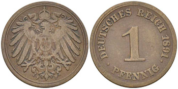 ГЕРМАНИЯ 1 ПФЕННИГ 1891 F KM 10, J. 10, Weege 2 медь 211-722