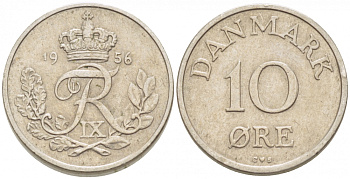 ДАНИЯ 10 ЭРЕ 1956 C; S, ФРЕДЕРИК IX (1947-1972) КМ 841.2 медно-никель 3996-1051