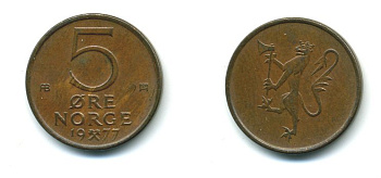 Норвегия 5 эре 1977 Улаф V (1958-1991) KM 415 бронза 4364-926