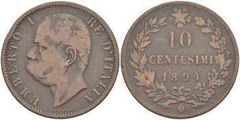 Италия 10 чентезимо 1894 B/I, Умберто I (1878-1900) KM 27.1 медь 4526-1023