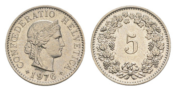Швейцария 5 раппенов 1976 KM 26 медно-никель UNC 4611-1069
