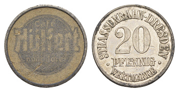 Дрезден трамвайный (транспортный) жетон в 20 пфеннигов ND H?lfert Men05 5719.1, Men18 7136.1 цинк и картон 4582-1051