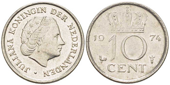 НИДЕРЛАНДЫ 10 ЦЕНТОВ 1974 ЮЛИАНА (1948-1980) KM 182 никель 116-469