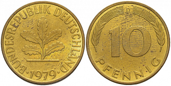 ФРГ 10 ПФЕННИГОВ 1979 D KM 108, J. 383 сталь плакированная латунью 4548-822