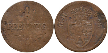 Гессен-Дармштадт 1 пфенниг 1819 GH-SM, Великий Герцог Людвиг I (1806-1830) KM 280 медь 4532-656