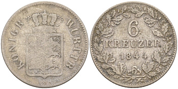 Вюртемберг 6 крейцеров 1844 Вильгельм I (1816-1864) KM 592, Jg. 68, AKS 100, Kl./Ra. 100.2. серебро 187-1025