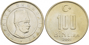 Турция 100000 лир 2001 Мустафа Кемаль Ататюрк KM 1106 медь никель цинк 3309-1119