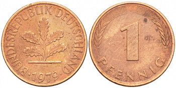 ФРГ 1 ПФЕННИГ 1979 J KM 105, J.380 сталь плакированная медью 4396-1529