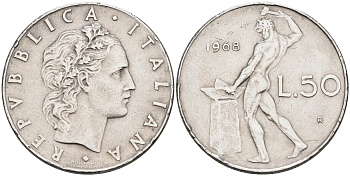 Италия 50 лир 1968 R, бог огня Вулкан у наковальни KM 95.1 нержавеющая сталь 4595-233