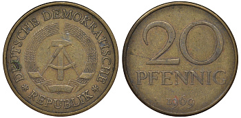 ГДР 20 пфеннигов 1969 А, первый год KM 11 латунь 62-1211