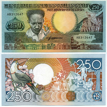 Суринам 250 гульденов 1988 Антон де Ком, тукан на ветке Pick 134 бумага UNC (пресс) 444-78-2